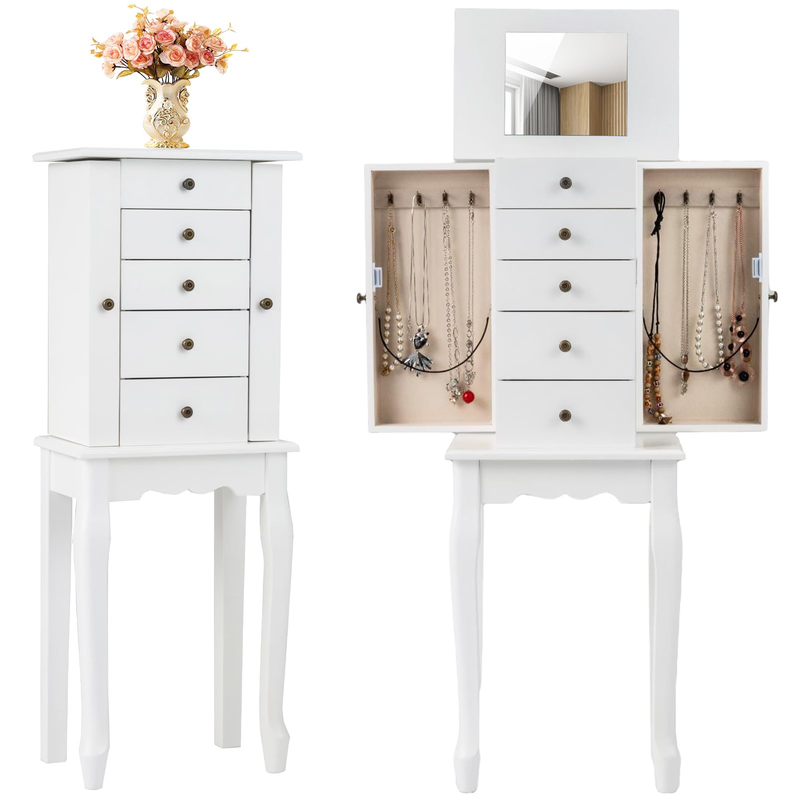 Giantex Standing Jewelry Armoire Cabinet with 4 Drawers, Flip Top Mirror, Top Storage Compartments, 2 Side Doors with 8 Necklace Hooks, Freestanding