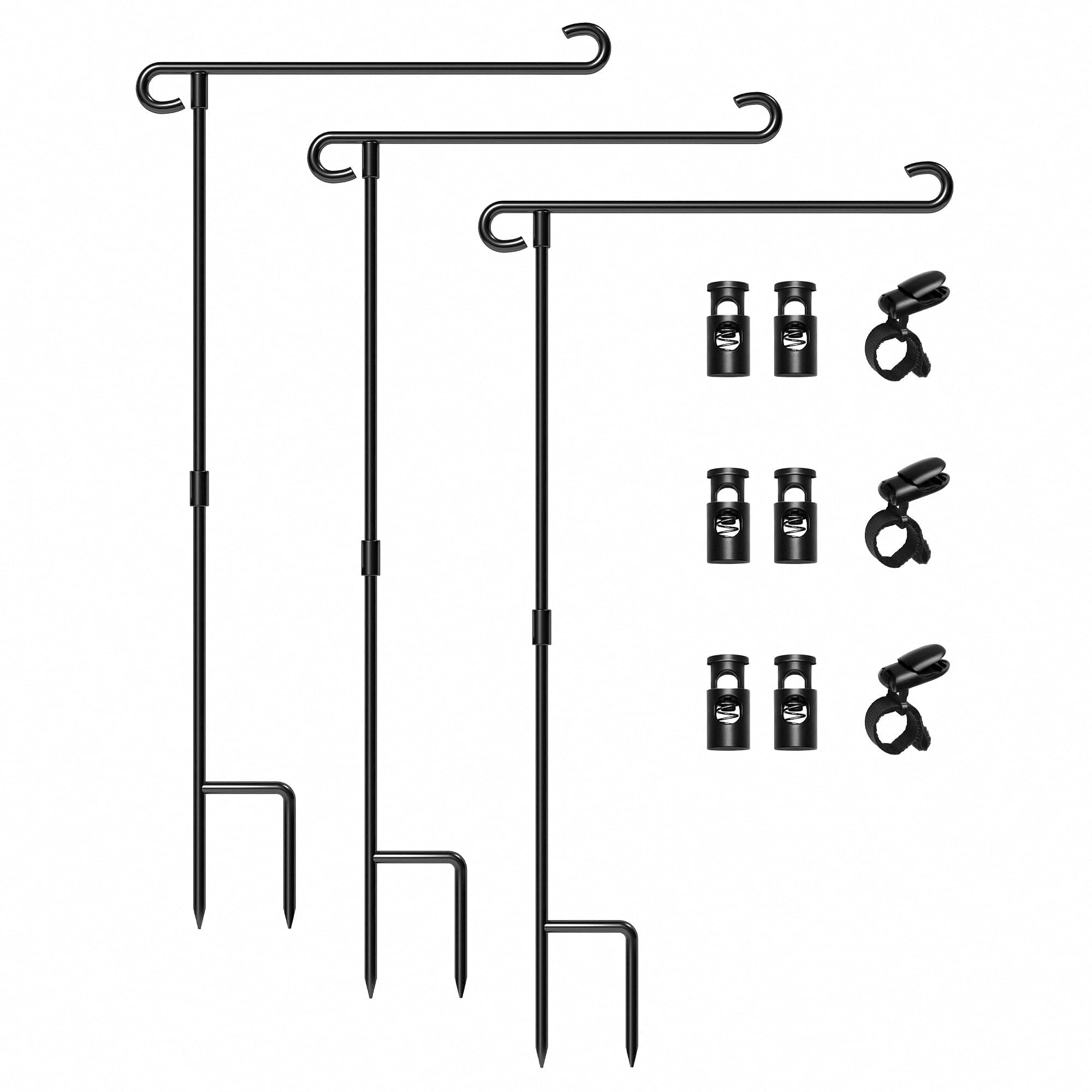 HOOSUN Garden Flag Stand Holder Pole Easy To Install Strong Sturdy Wrought Iron Fits 12.5" x 18" Mini Flag with 1 Tiger Clip Curved Hook With S Type (3 Pack)