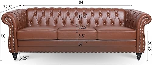 Miniatura 18 de Sofá Chesterfield de 3 plazas con brazo enrollado de poliuretano de 84 pulgadas, color negro, sofá moderno de mediados de siglo para espacios Negro