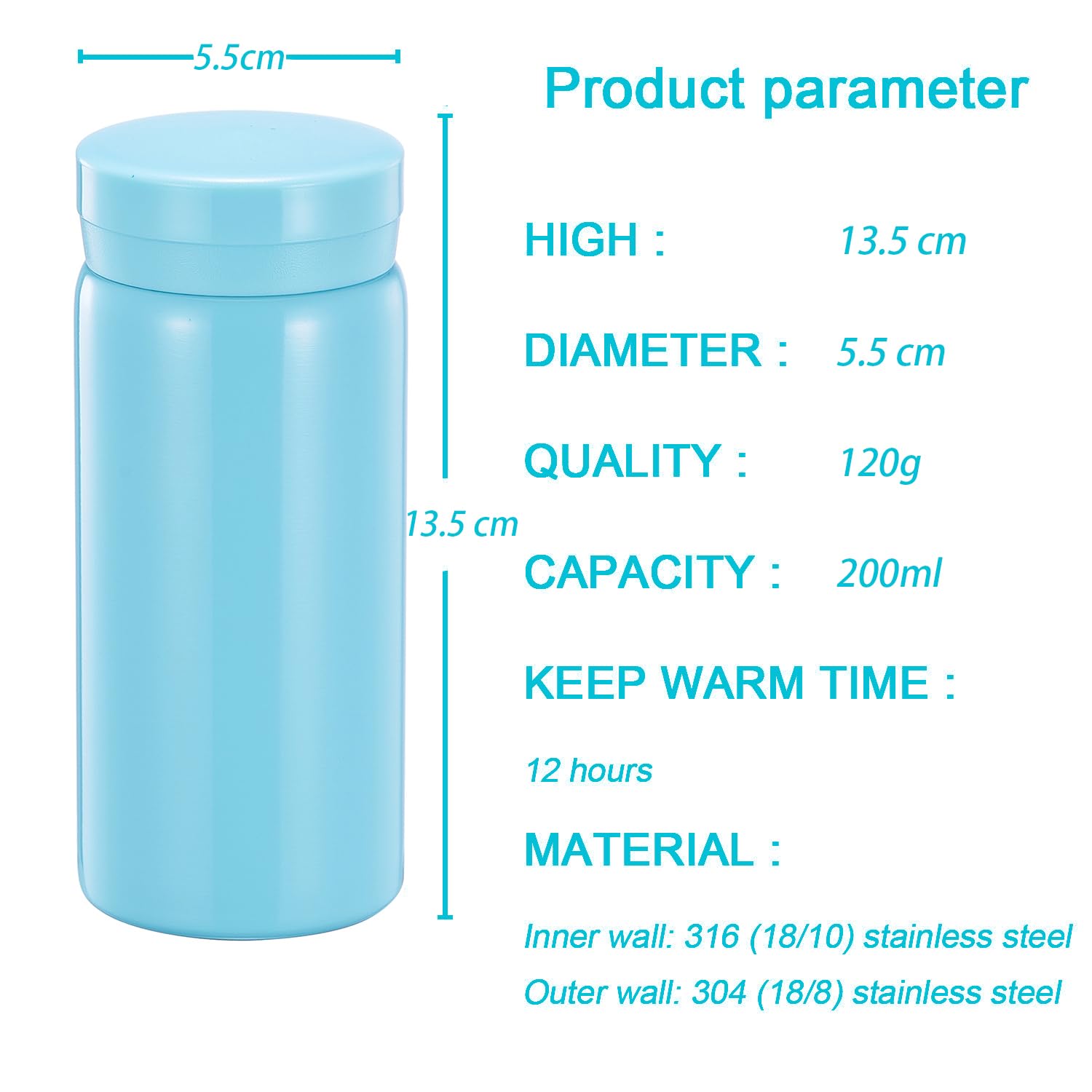 Small Flask, Cute Water Bottle, Vacuum Insulated Flask for Hot & Cold Drink, Keep 12H Hot & 6H Cold (Light Blue, 200ml) - Image 2