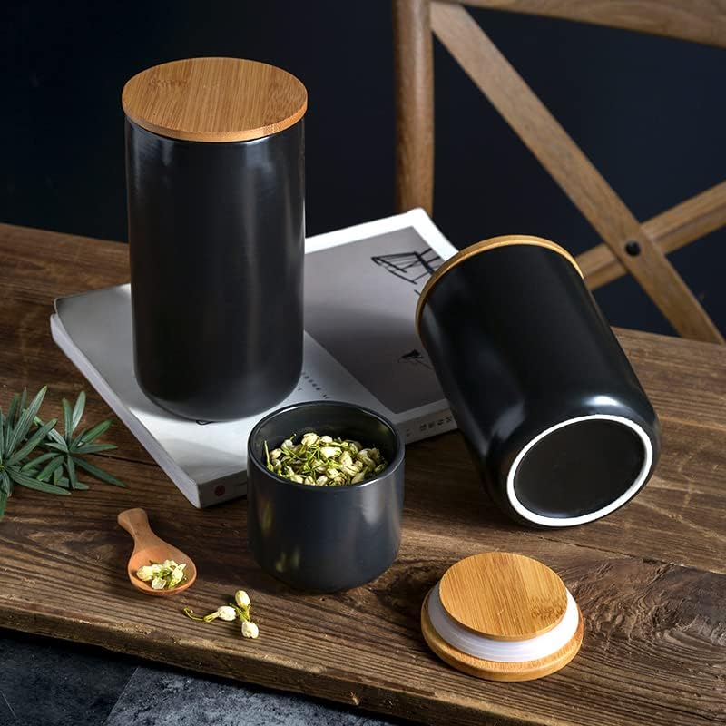 Miniatura 3 de Recipiente de cerámica para almacenamiento de alimentos, diseño moderno, con tapa de bambú hermética, para té, café, especias, frutos secos,