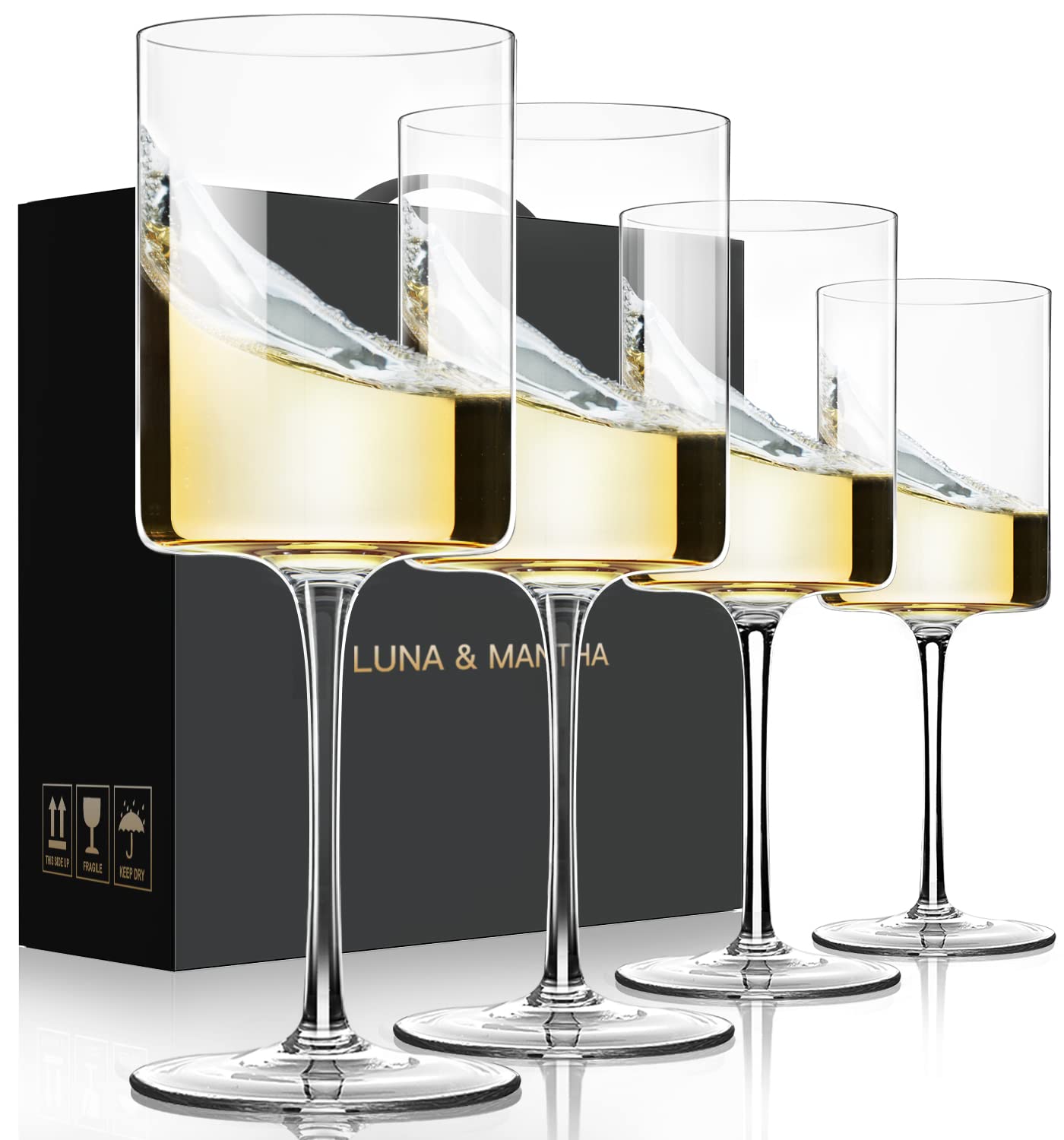 White Wine Glasses Set of 4-16oz Square Wine Glasses Premium Crystal Hand Blown Perfect for Red Whit
