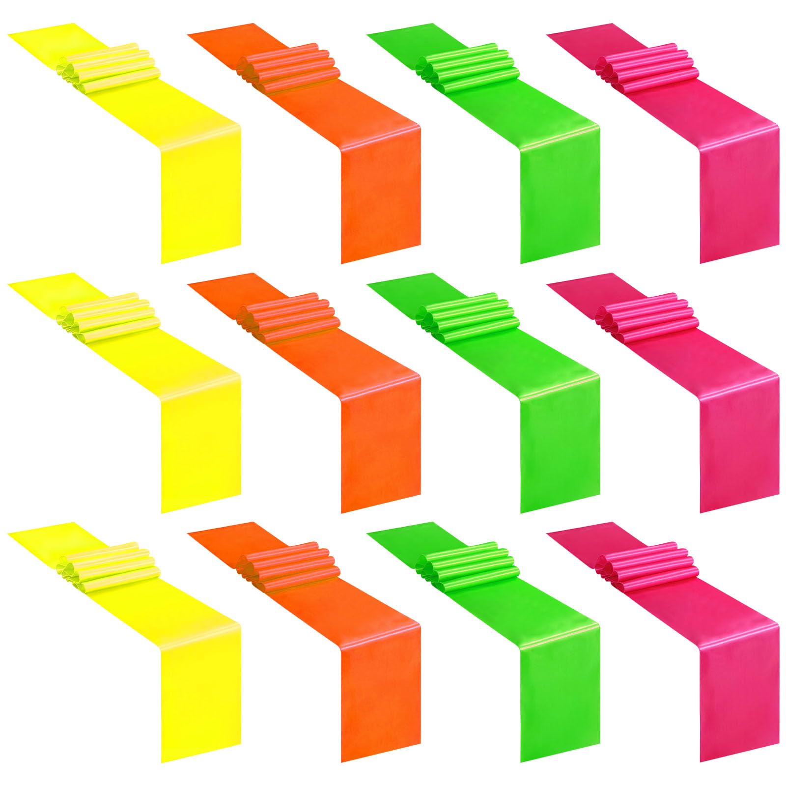 Photo 1 of 12 Pcs Neon Glow Bright Color Satin Silk Table Runners, Neon Glow Party Chair Sashes for Neon Birthday Banquet Wedding Party Decoration, 12 x 108 Inch
