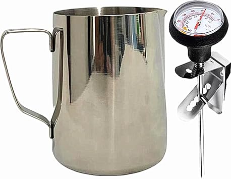 Milk Frothing Pitcher for Coffee, Barista Frother Cup,Steaming Jug 21 Ounces with Thermometer Pen