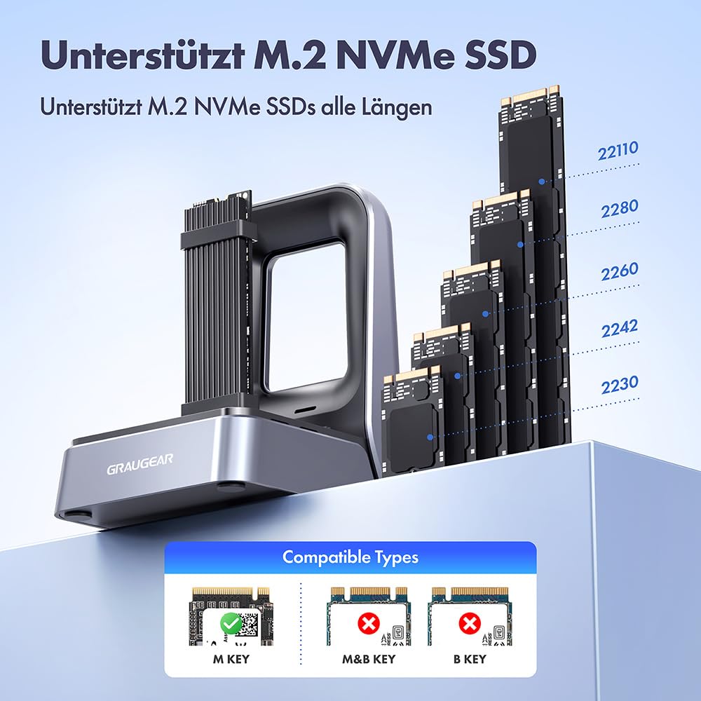GRAUGEAR Stacja dokująca SSD 40 Gbit/s M2, USB4 NVME 40 Gbps, kompatybilna z Thunderbolt 4 do 3800 MB/s, do M.2 2230/2242/2260/2280/22110, chłodzenie, bez użycia narzędzi