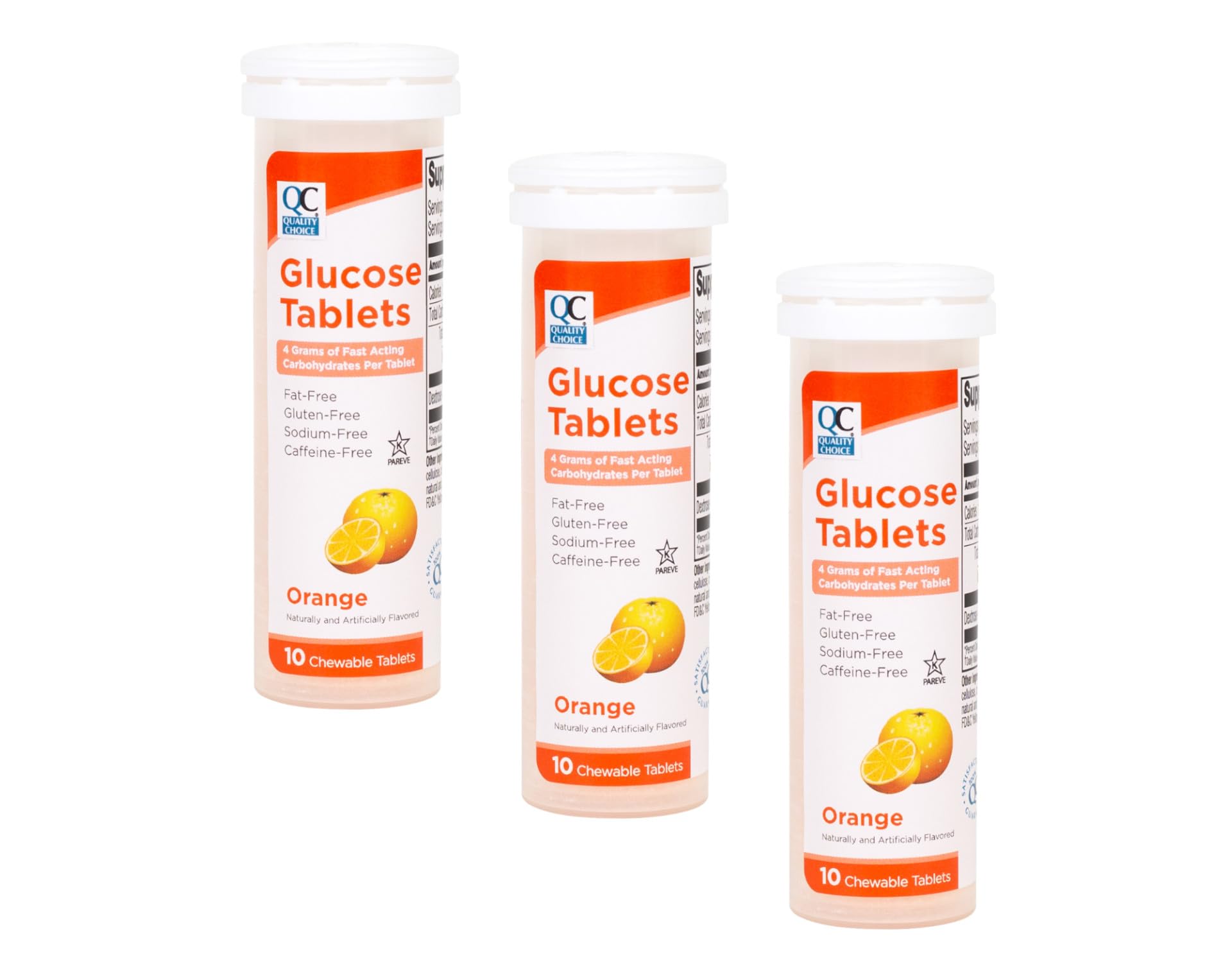 Quality Choice Fast Acting Glucose Tablets Orange Flavor 10 Count - Pack of 3