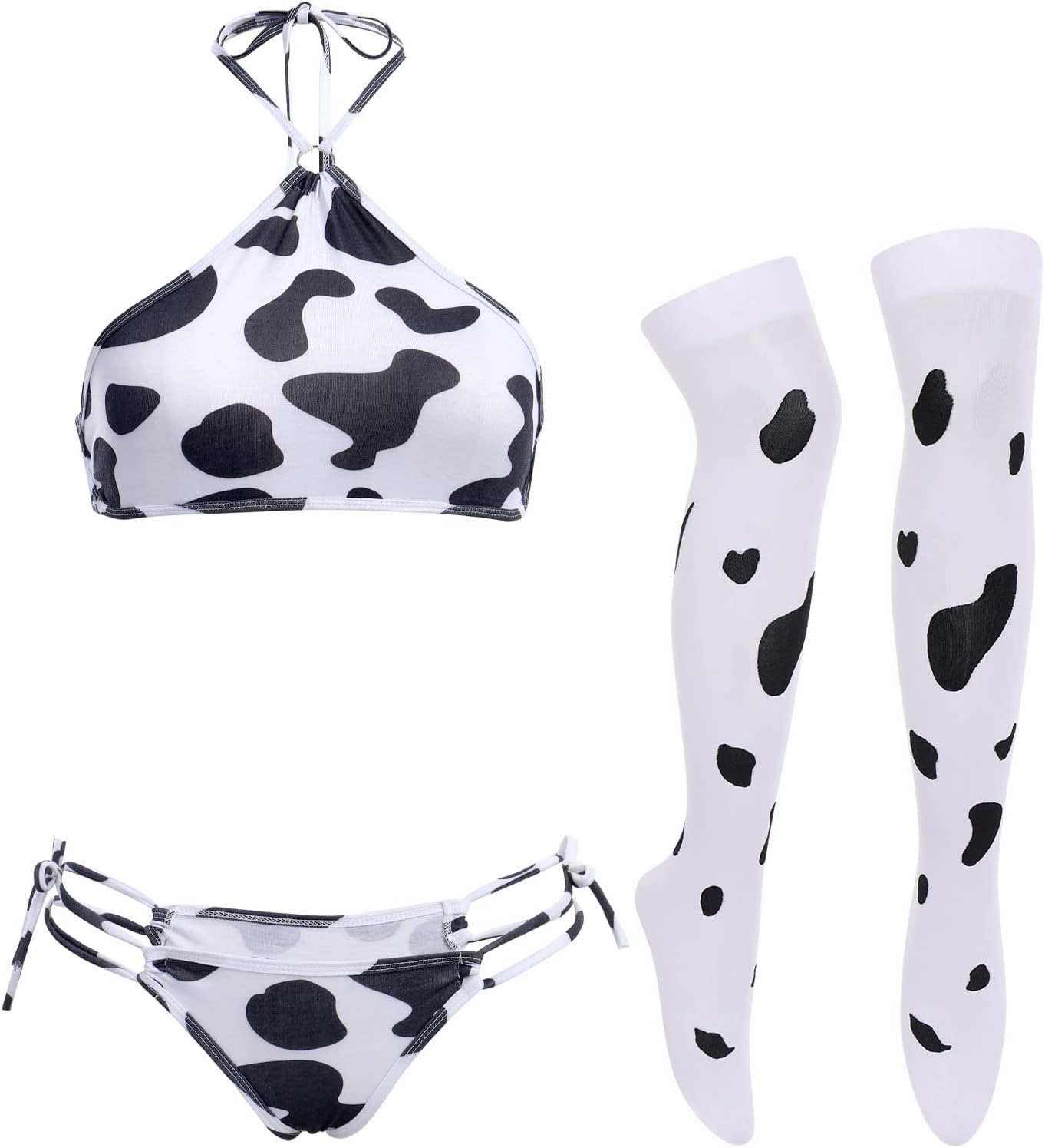 Women's Milk Cow Costume Kawaii Cute Anime Lingerie Micro Bikini Monokini Bodysuit Halter Strap Tiny Bra Panty Mini Apron Lolita Funny Cosplay Outfit set
