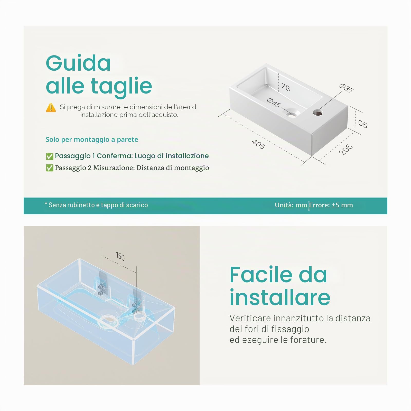 EMKE Lavandino – Mini lavabo sospeso per bagno & WC ospiti – 40 × 20 × 10 cm – Lavabo in ceramica di alta qualità – rettangolare rubinetto foro destro – bianco