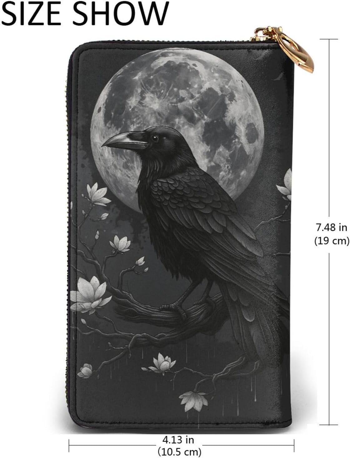 Gothic Moonlit Raven and Blossom Hand Held Wallet Large Capacity Leather Long Zipper Wallet