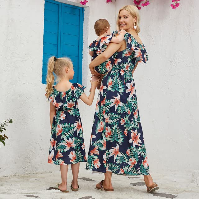 Image of PopReal Mommy and Me Dresses Floral Printed Chiffon Bowknot Ruffles Short Sleeve Beach Mom Daughter Matching Outfits