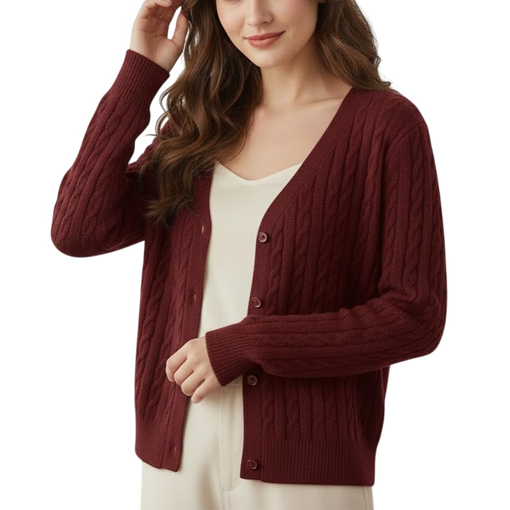 Women Cable Cardigan Knitwear Button Front Long Sleeve V Neck Classic Soft Lightweight Sweater for Fall Winter Layering