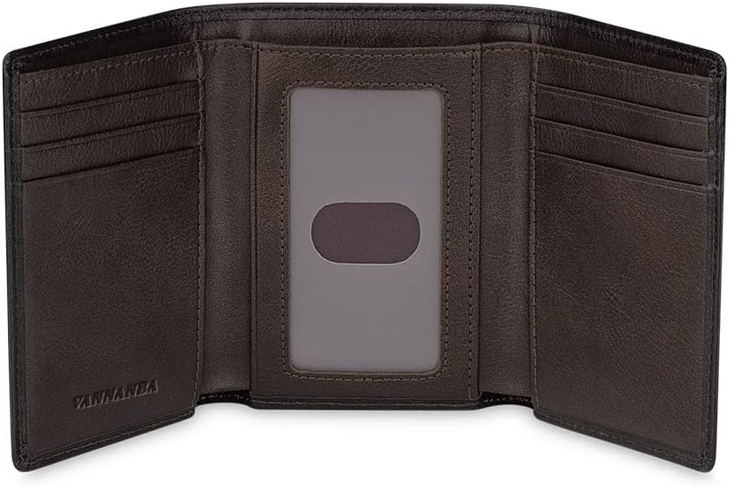 VANNANBA Trifold Wallets for Men Durable Leather Front Pocket Wallet with ID Window,RFID Blocking Large Capacity Wallet Gift for Men(Dark Brown)