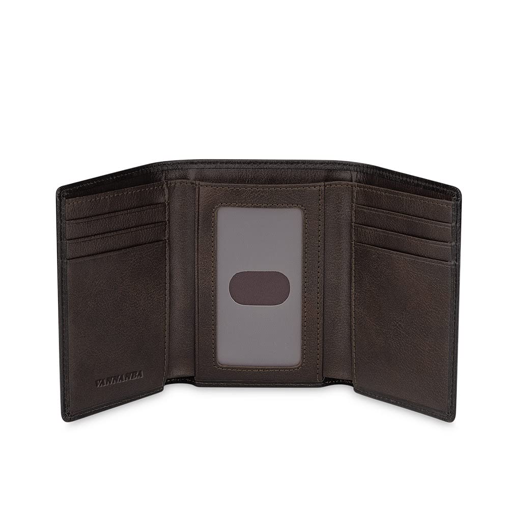 Trifold Wallets for Men Durable Leather Front Pocket Wallet with ID Window,RFID Blocking Large Capacity Wallet Gift for Men, Dark Brown, Classic