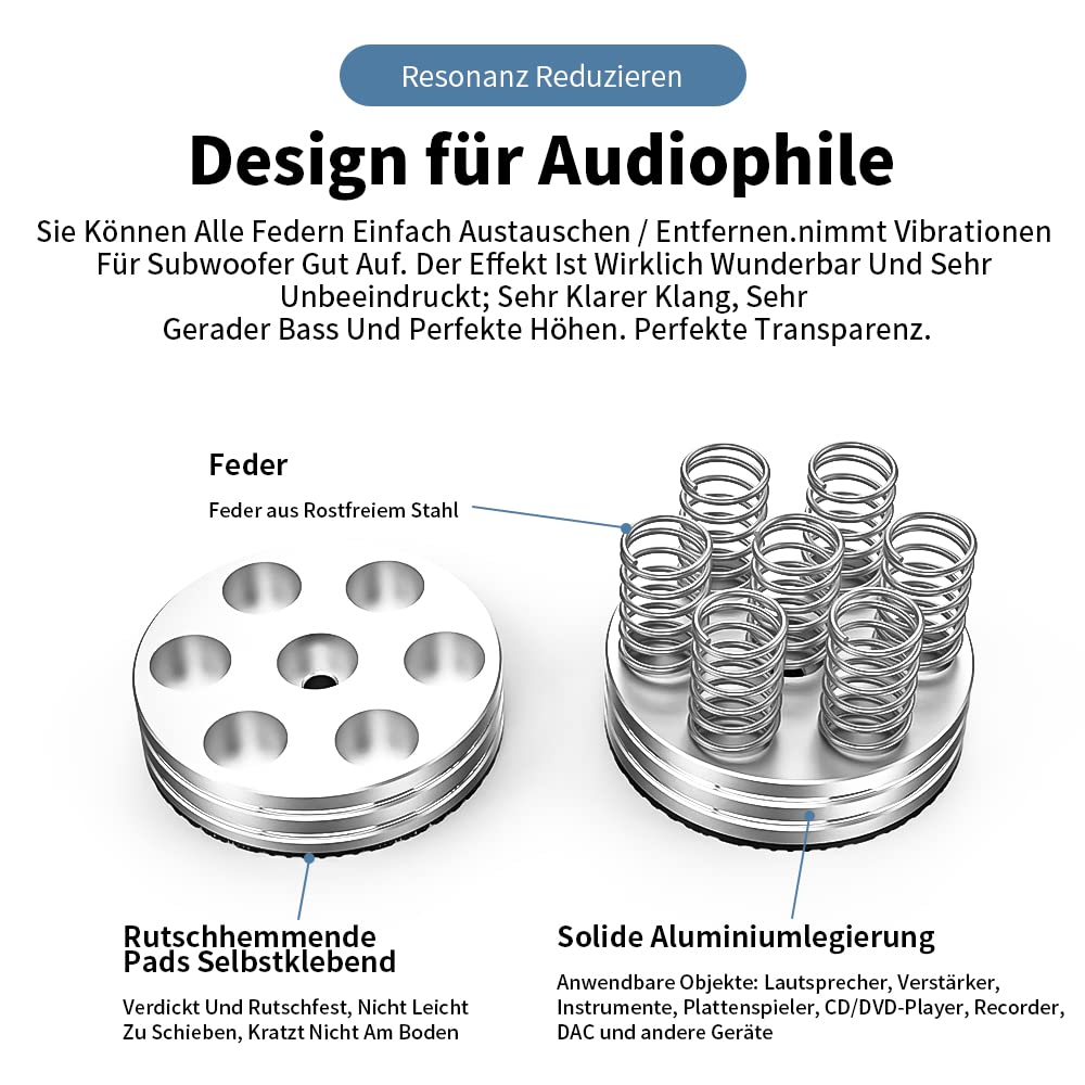 Tertullus 4 pies de altavoz de gama alta, amortiguador de vibraciones, patas de aluminio, absorción de audio, soporte para altavoces con alfombrilla antideslizante, amortiguador de resonancia (plata)