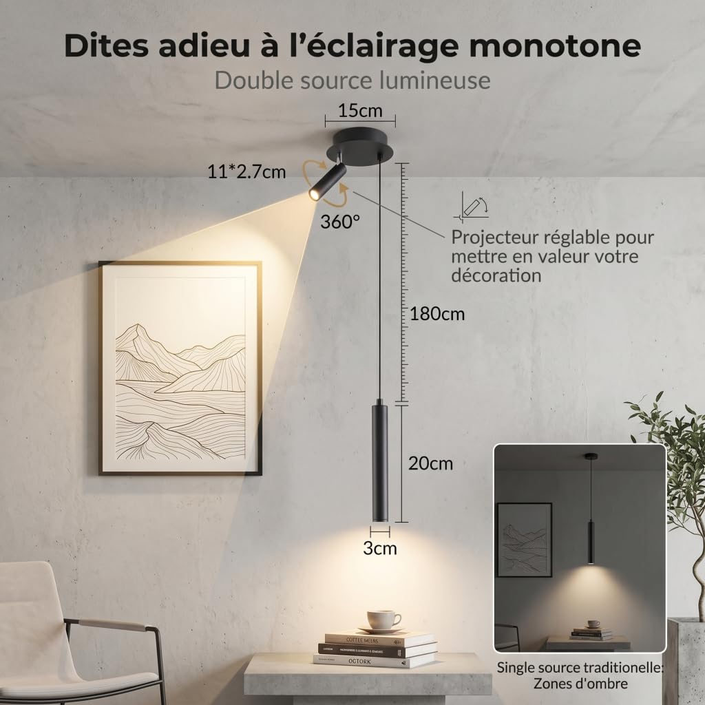 Lampa wisząca LED Nowoczesna lampa wisząca 2 źródła światła obrotowy reflektor 360° kreatywny żyrandol ciepłe światło do salonu, sypialni, jadalni