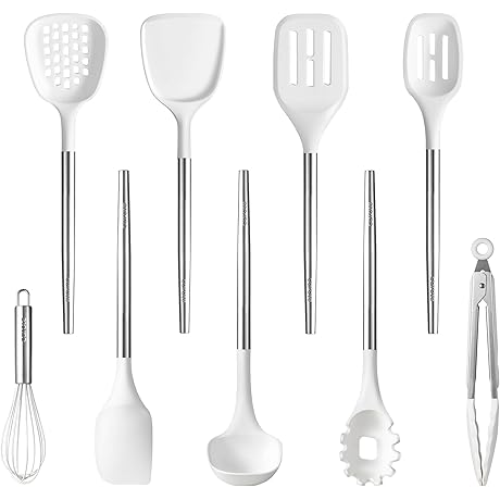 CAROTE 9-Piece White Kitchen Utensil Set with Stainless Steel Handles