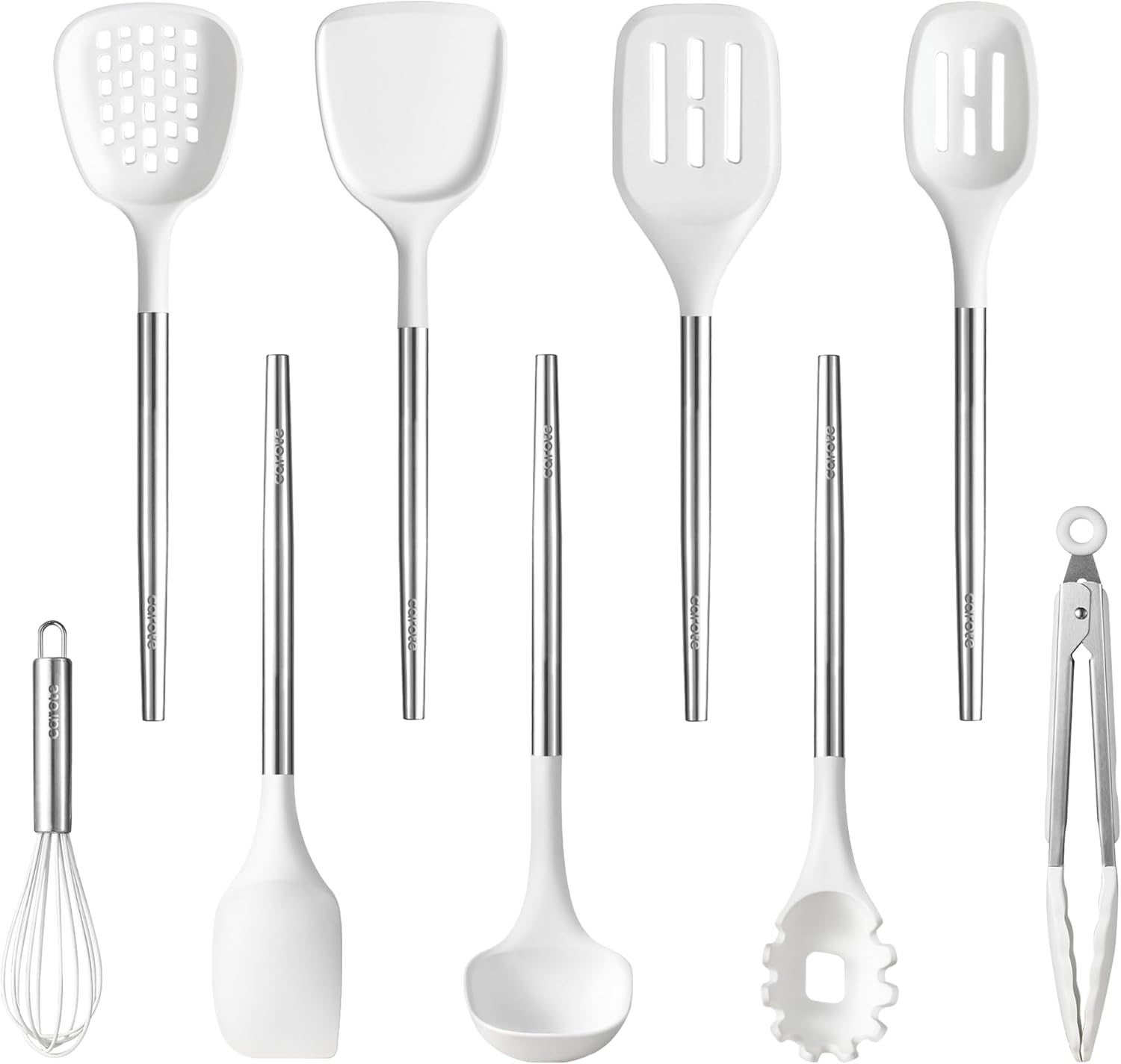 CAROTE 9PCS Kitchen Utensils Set, Silicone Kitchen Utensils Set with Stainless Steel Handle for Non-Stick Cookware Set, Dishwasher Safe, White
