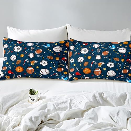 Sports Theme Fitted Sheet 3D Blue Ball Bedding Set Baseball Football Basketball Bed Sheet Set For Children Kids Boys Girls Microfiber Competitive Games Bed Cover Room Decor Full Size #TOP3
