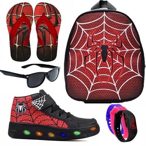 Botinha De Led Led Masculino Aranha Meninos Estilo Calce Facil + Mochila Chinelo e Brindes Cor:Preto