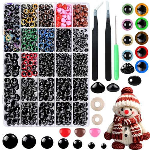 JASFLY 1200 Piezas Ojos de Seguridad para Amigurumi, 6-16mm Ojos Amigurumi y Nariz Equipado con 2 Pinzas para Hacer Muñecas y Títeres de Peluche