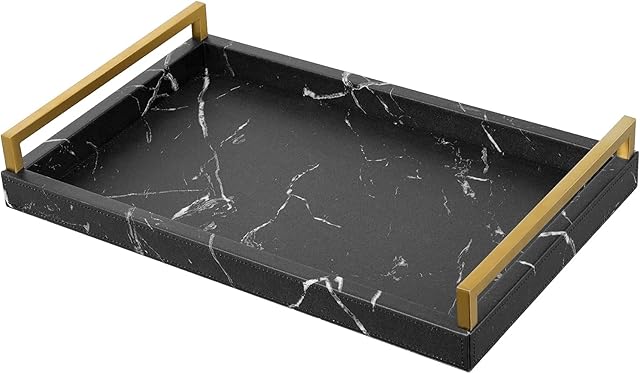 Lewondr ServingTray with Wide Metal Handles, PU Ottoman Serving Tray, 15.35"x9.84"x2.36" Desktop Serving Platter, Jewelry Key Tray, Countertop Storage Organizer Plate for Kitchen,Office - Black Marble
