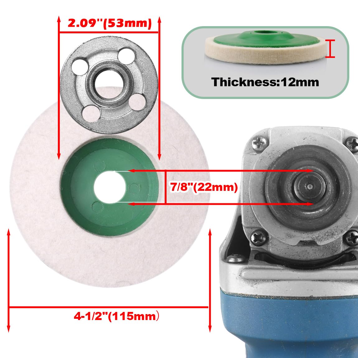 ATOPLEE Thickened 12mm Wool Polishing Wheel Disc,10pcs 4-1/2" x 7/8" Arbor Buffing Wheel for 4.5 Inch Angle Grinder,Wool Felt Polishing Wheel for Metal,Marble,Wood（Hole Diameter:22mm,Thickness:12mm）