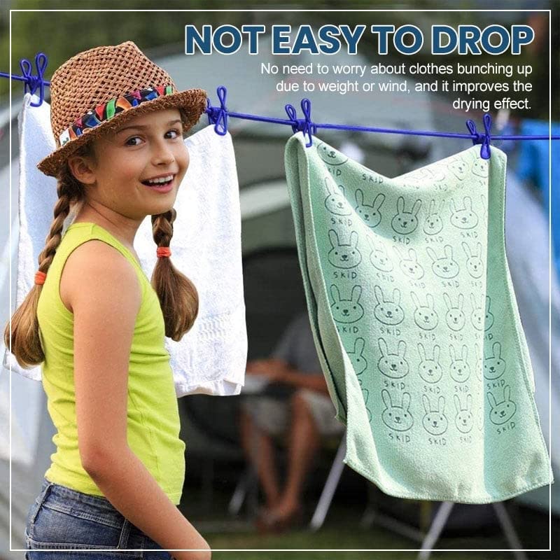Elastic Portable Travel Clothesline with 12pcs Clips, Durable Windproof Retractable Clothes Line, Clothes Line Ropes for Indoor Laundry & Outdoor Camping Accessories Stuff (Blue)