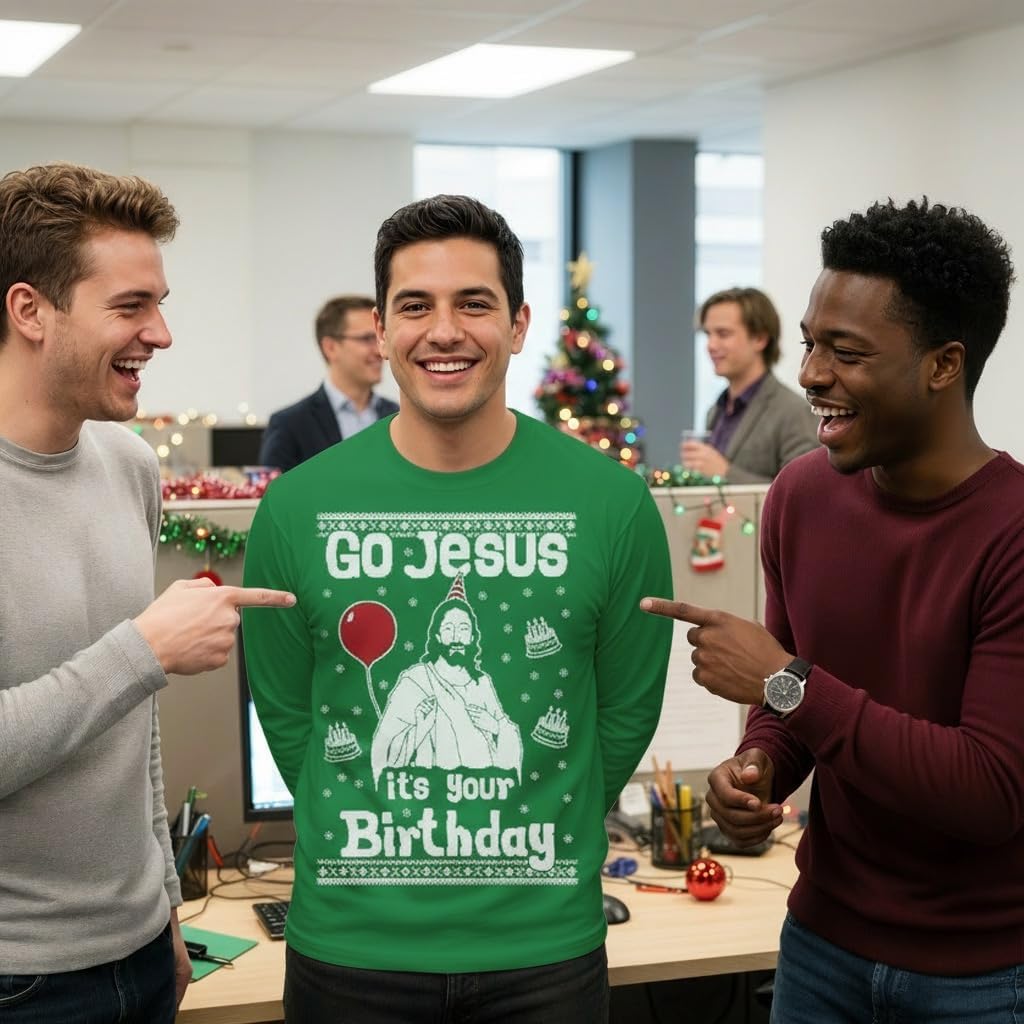 Tstars Mens Long Sleeve Shirt Go Jesus Its Your Birthday Funny Ugly Christmas Tee Xmas Gift