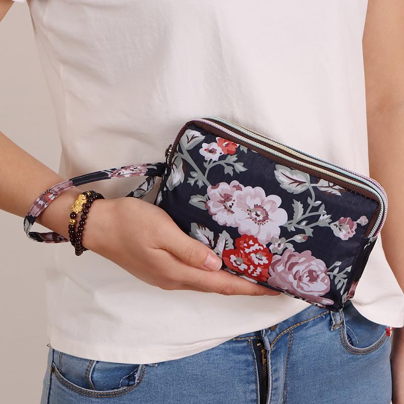 Wallet for Women,Large Capacity Flower Wristlet Wallet Oxford Cloth Pouch 3 Layers Handbag Coin Purse,Style-7
