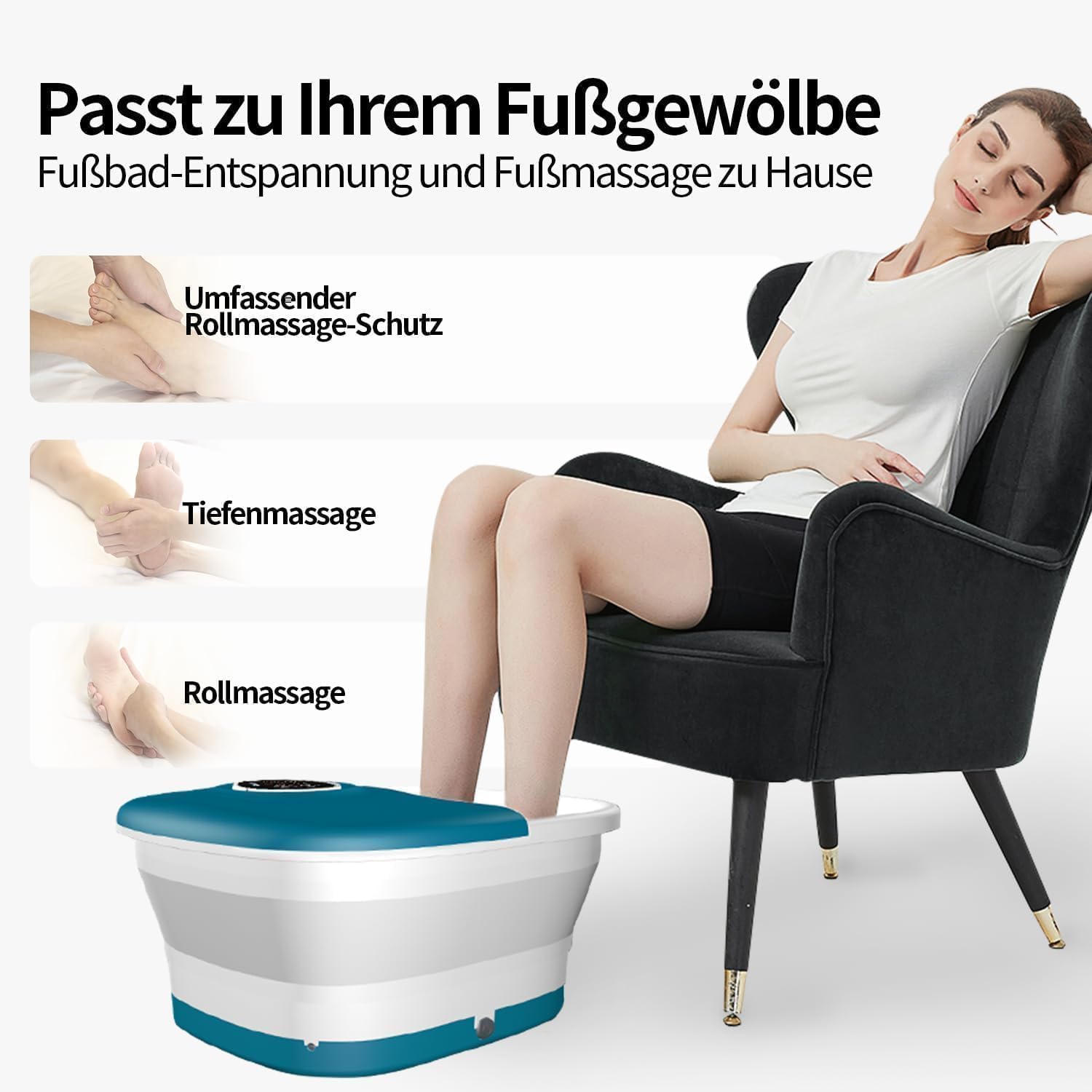 KNQZE Fussbad mit Massagefunktion und Heizung | Faltbare Fußbad Fußmassagegerät | Fusssprudelbad mit Massage, Timer, Vibration, Sprudelfunktion & Bimsstein | Fußsprudelbad für Geschenk (Blau)
