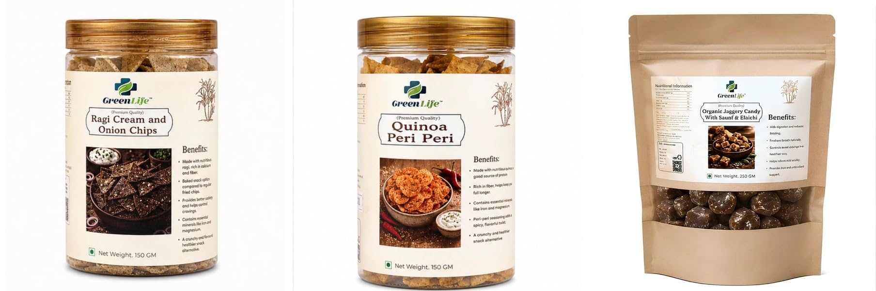 Ragi Cream & Onion Chips | Baked | 150gQuinoa Peri | Spicy Quinoa | 150gOrganic Jaggery Candy Ginger Mix 250g | Natural Desi Gur | Trad-image-8