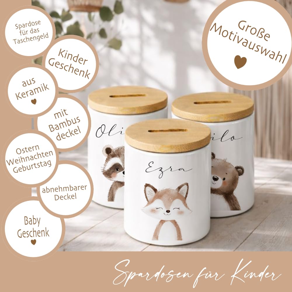 Manufaktur Liebevoll - Personalisierte Spardose für Kinder aus Keramik mit Bambusdeckel Kinder Spardose mit Name Geschenk zur Geburt Taufe & Geburtstag (Eichhörnchen)