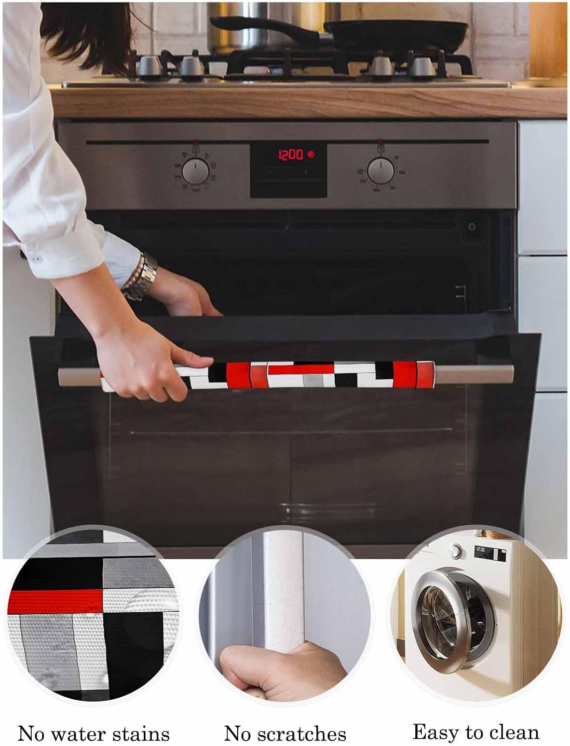 Red Black Refrigerator Door Handle Covers Set of 2, Abstract Geometric Grey White Middle Century Kitchen Appliance Covers Handle Decor Protector for Ovens Dishwashers Microwave Ornaments