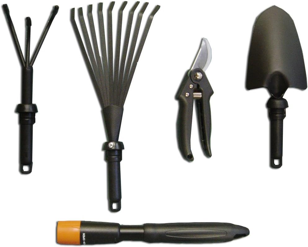 SPAREHAND Garden Tool Set - 5-in-1 Heavy Duty Gardening Tools with Changeable Handles, Trowel, Spring Pruner, Cultivator, & Flat Rake - Ideal Planting Tools for All Your Gardening Need, Black & Orange