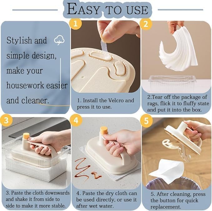 Image of Disposable Magic Wipes Cleaning Brush with Handle, Replaceable Magic Brush Cleaning Cloth, Cleaning Brush with Tissue Paper and Velcro for Kitchen Bathroom Home & Office (with 50 pcs Tissue)