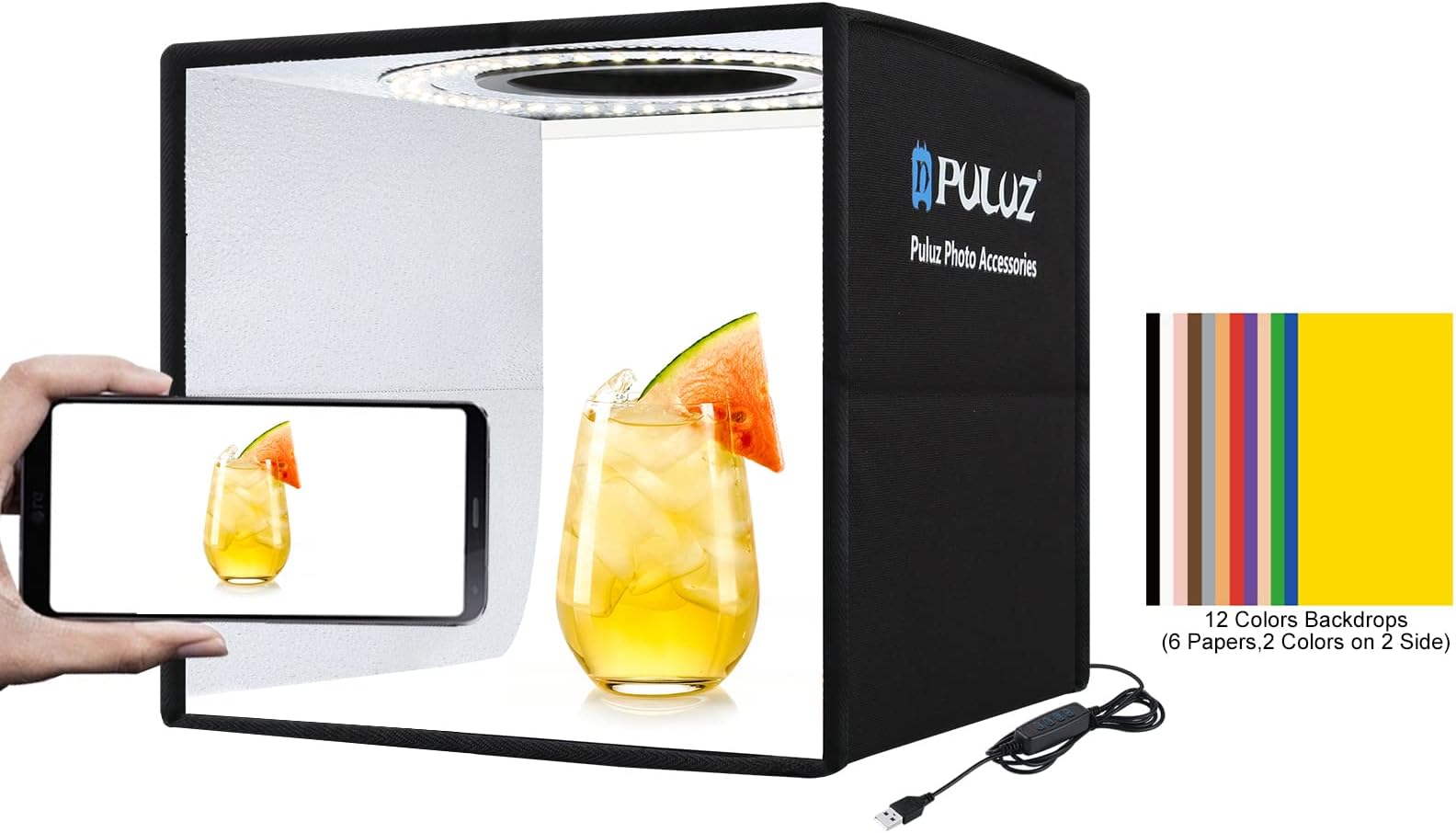 Photo Mini Light Box, Studio Photography PULUZ Portable Shooting Tent Box with 12 Colors Backdrops Folding Lightbox LED Ring Light for Phone Digitgtal Camera(9.8 x 9.8 inch)