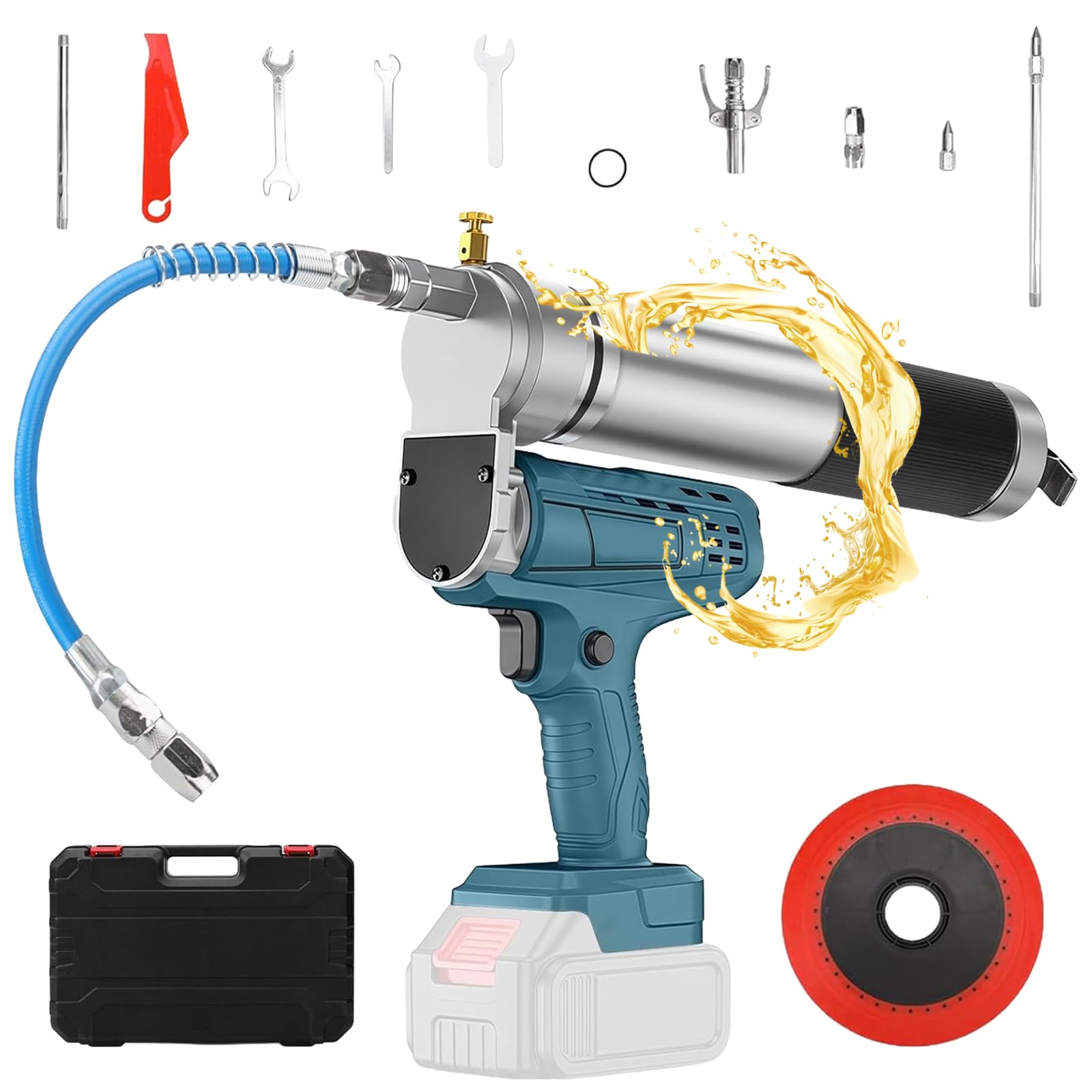 Pistola Engrasadora inalámbrica para Makita Batería, 12000PSI Pistola engrasadora eléctrica 140g/min engrasadora bateria 600 ml Cartuchos de Grasa para engrasar vehículos y máquinas | Con acoplamiento de liberación rápida, motor sin escobillas, prensa de
