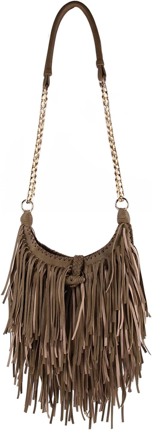 Women's Fringed Faux Suede Leather Cross Body Bag Chain Shoulder Bag Tassel Handbag