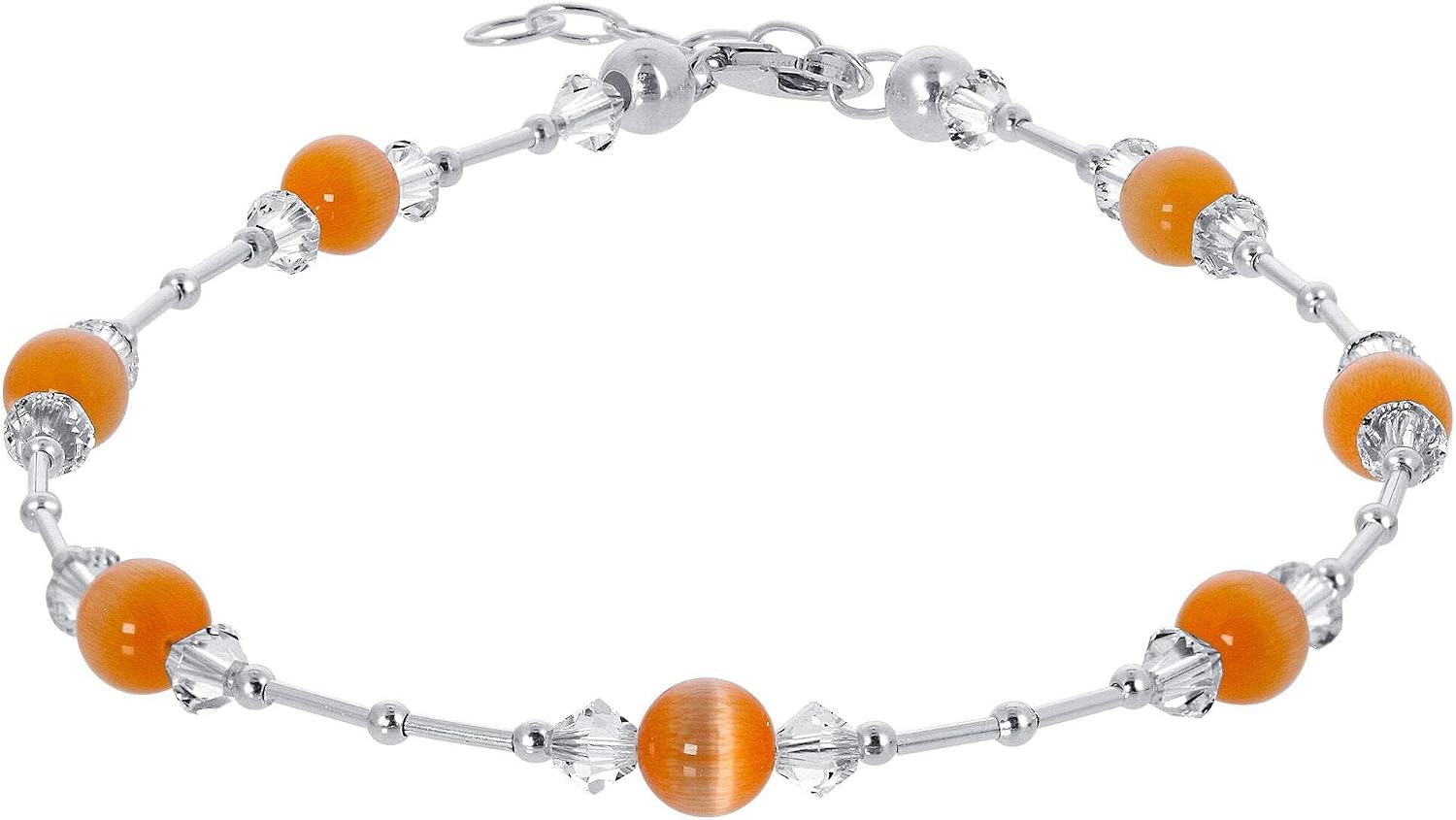 Gem Avenue .925 Silver Anklet 9 to 10.5 Inch with Cat's Eye and Austrian Crystal