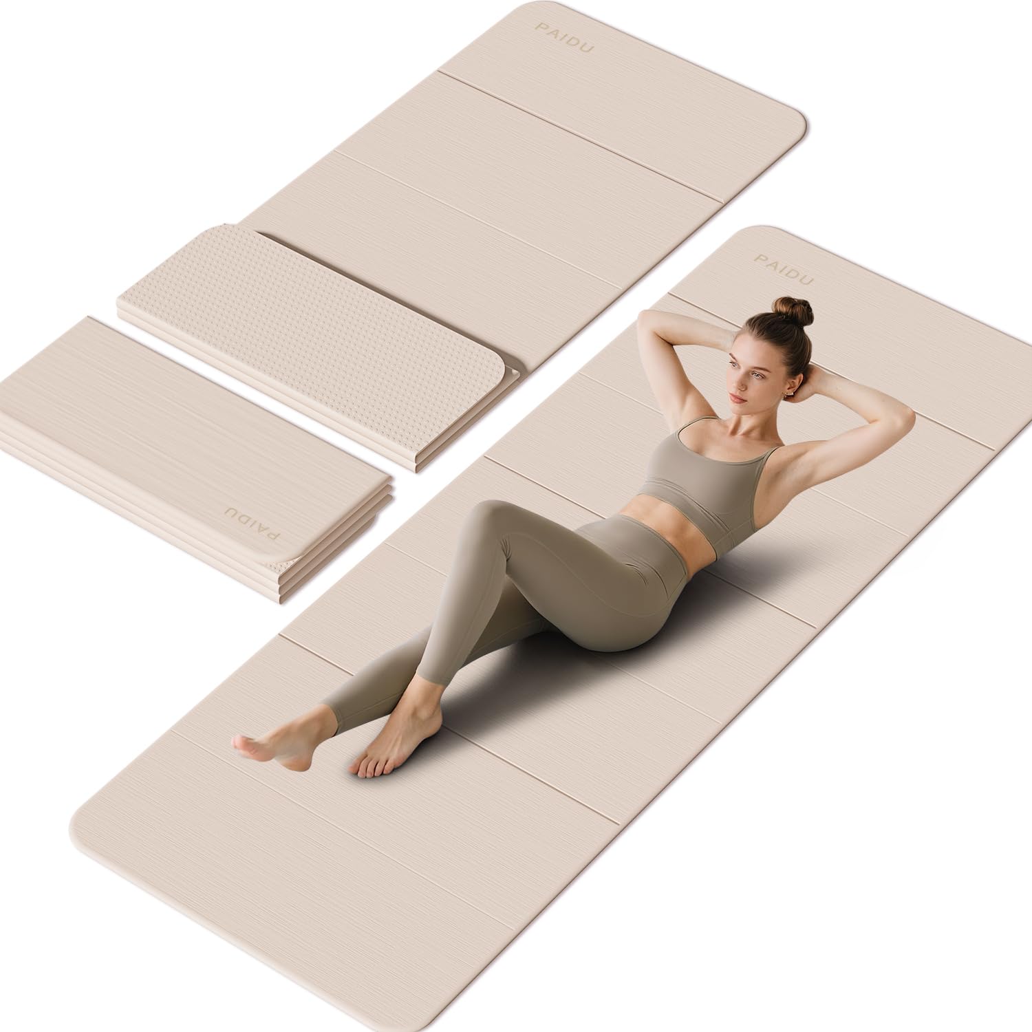 PAIDU Foldable Fitness Yoga Mat | (10MM) Extra Thick | SGS Certified | 190x66 Extra Long-Wide | Portable & Easy Store | for Yoga, Pilates, Home Gym & Full-Body Workouts (Beige)