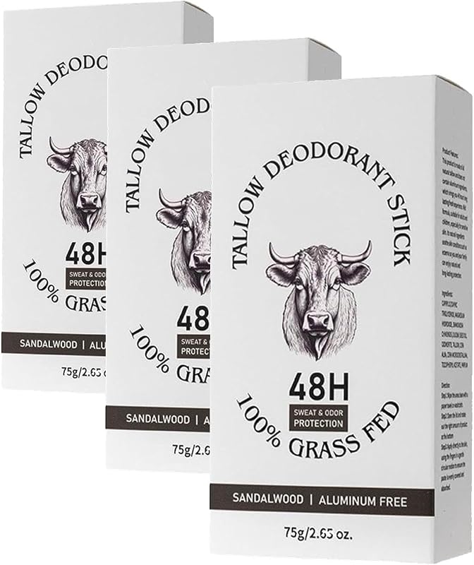 Desodorante em bastão New Cover com sebo bovino alimentado com pasto, sem alumínio, fragrância de sândalo, Pacote com 3