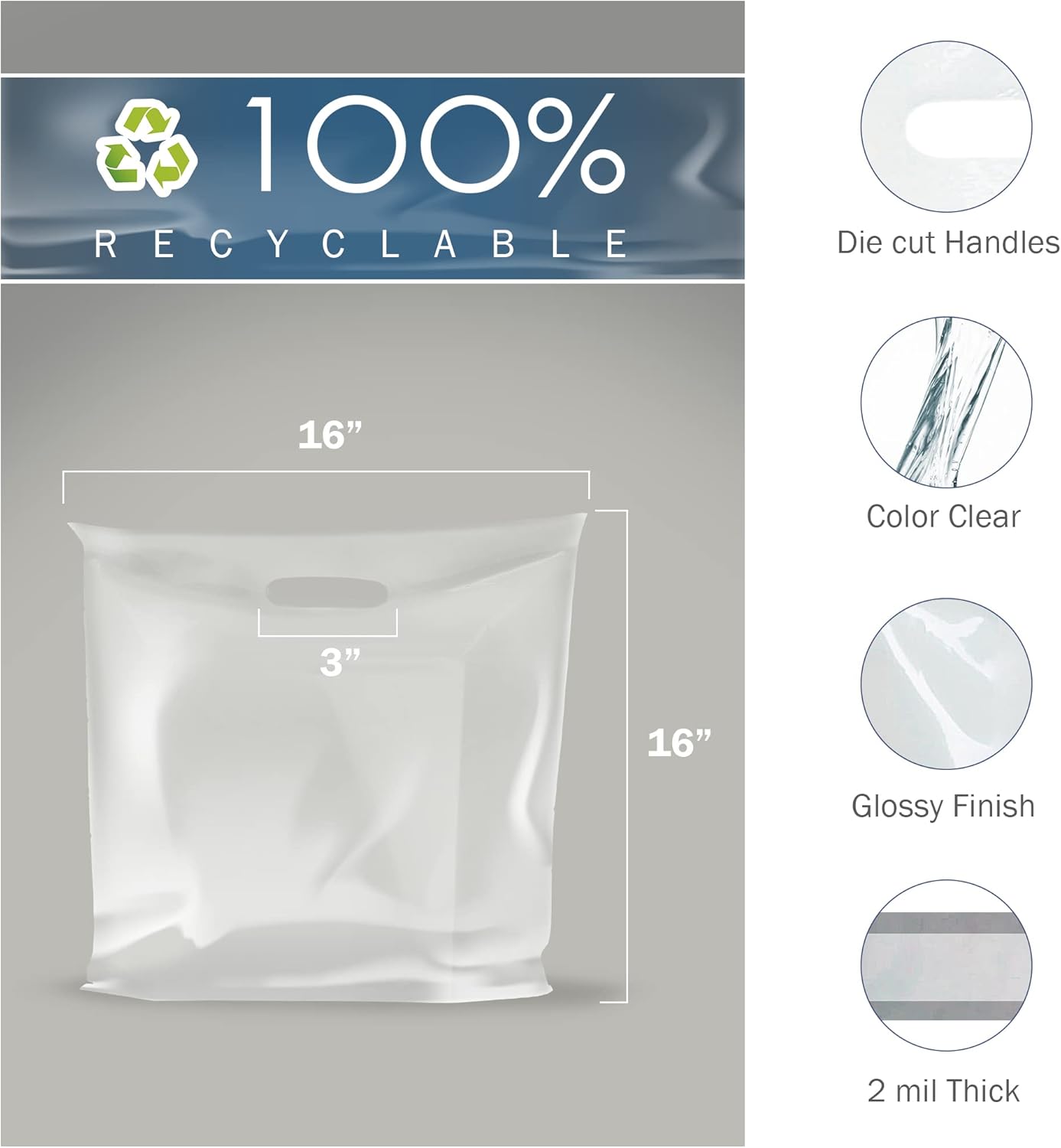 16x16 Clear Plastic Merchandise Bags, Glossy Finish, Large Retail Size, 100 Pack, 2 Mil Thick, with Die-Cut Handles by PPB