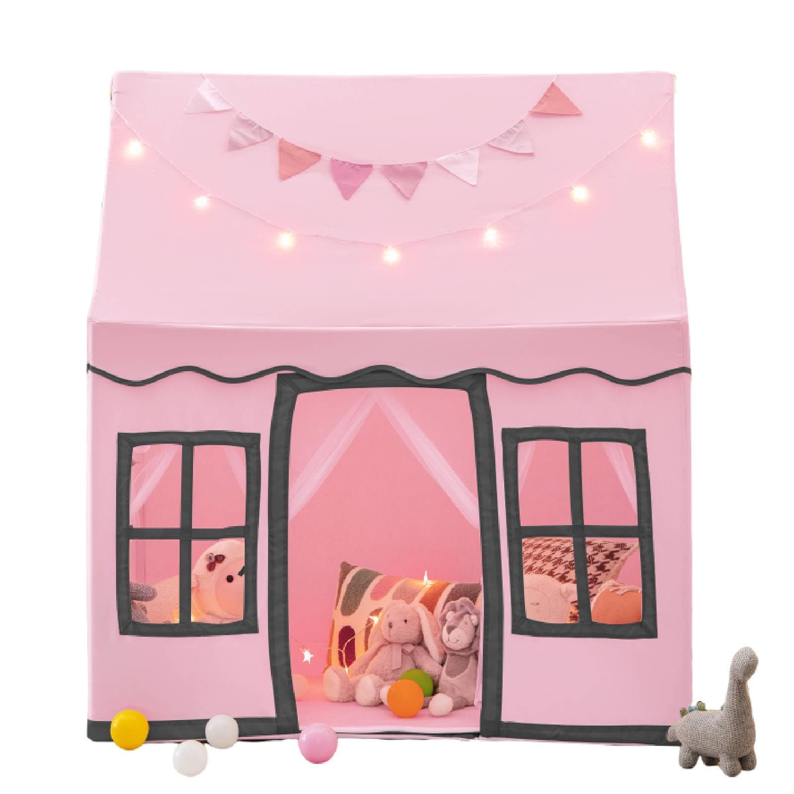Maxmass Kids Play Tent, Large Children Playhouse with Star Lights and Non-slip Mat, Indoor & Outdoor Princess Castle Tent for Boys Girls (Pink + Black)