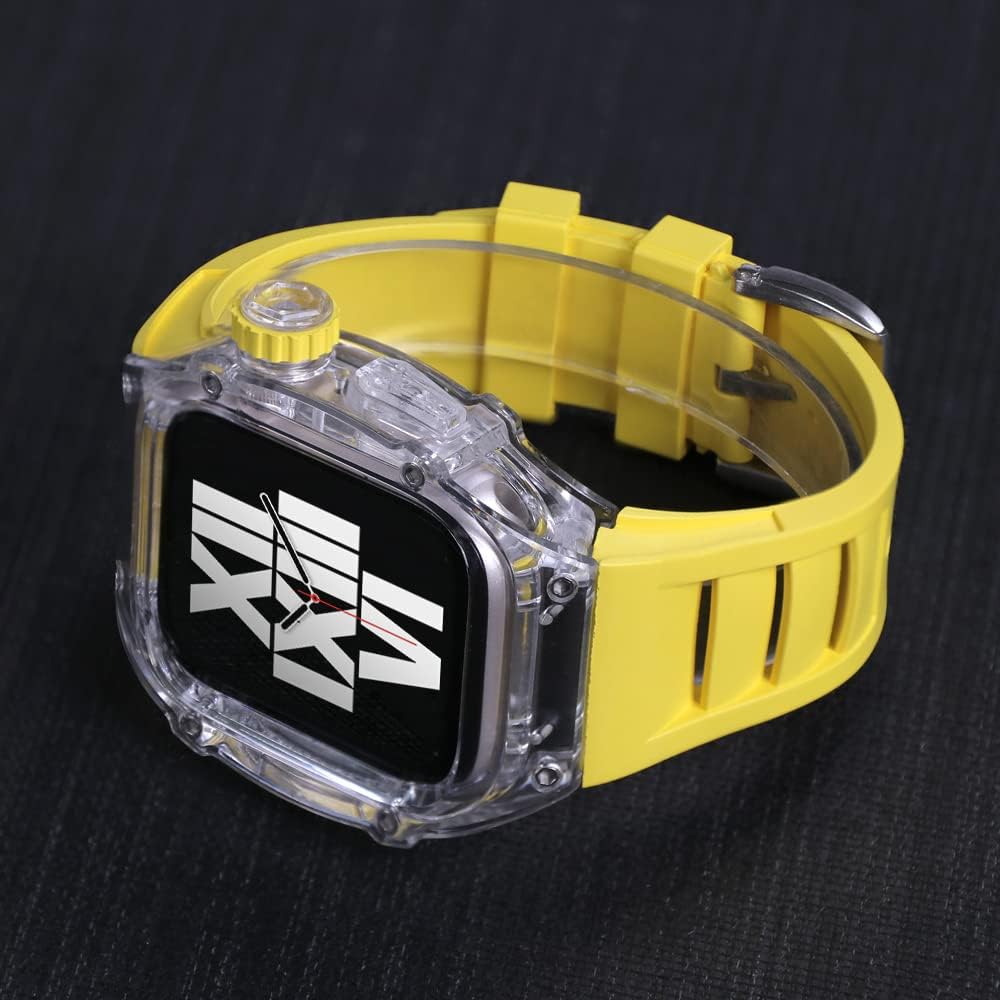 Transparent Watch Case Fluorine Rubber Strap Mod Kits，For Apple Watch 44MM 45MM Series 9 8 7 6 5 4 SE Upgrade Replace Sports Watch Strap