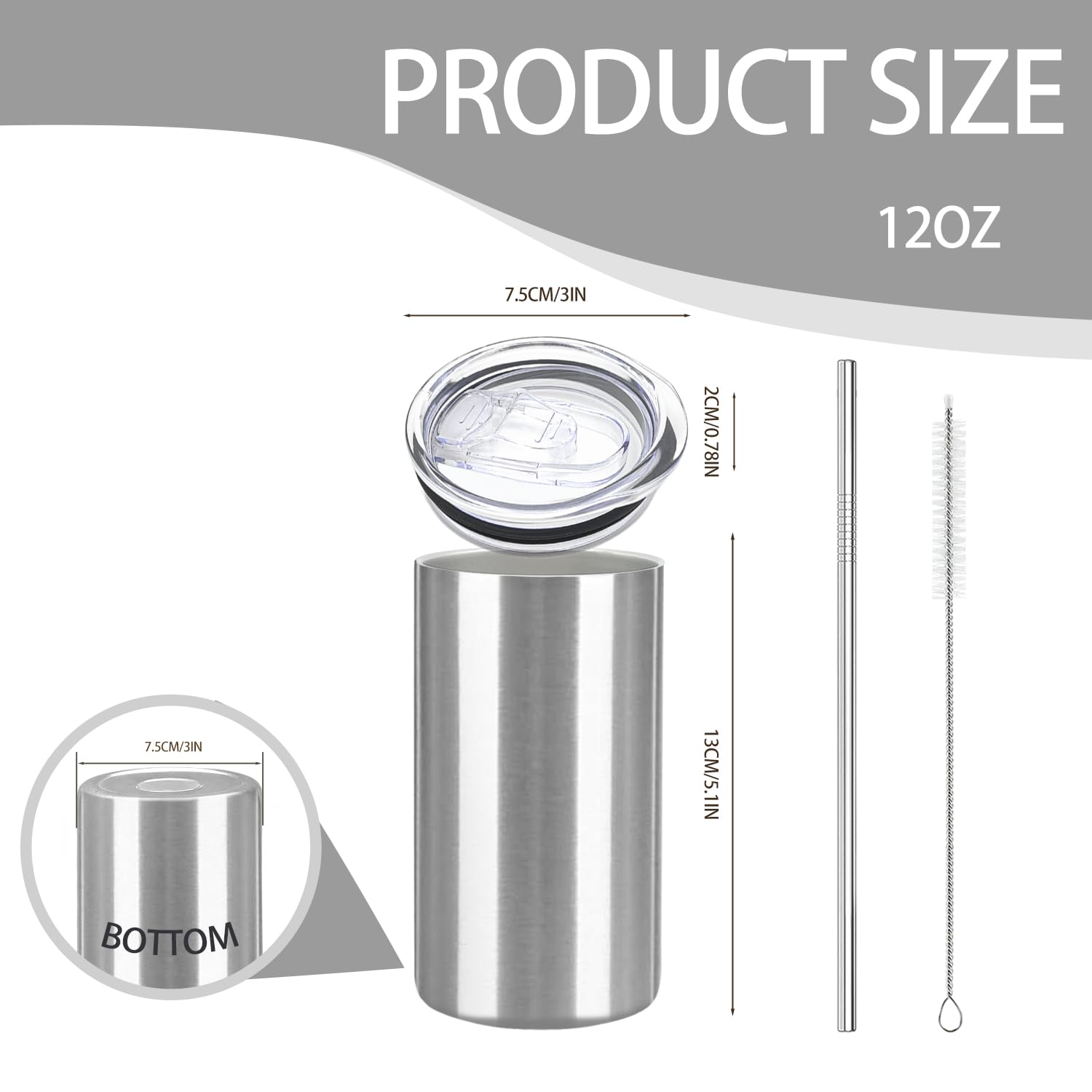 YOUKE OLA Trinkgläser, Rohlinge, schmal, gerade, Edelstahl, doppelwandig, isolierte Wasserflaschen mit Deckel und Strohhalm, für DIY-Geschenk, 340 ml, Silber, 16 Stück