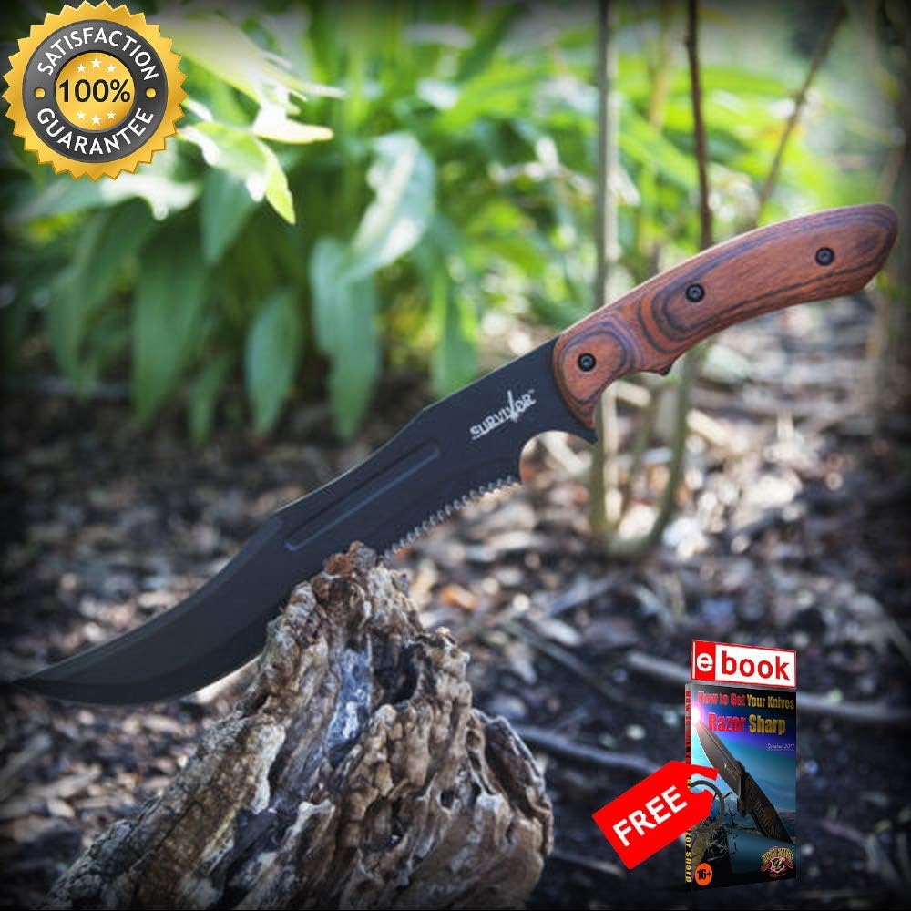 15'' SURVIVOR TACTICAL FULL TANG MACHETE WOOD HANDLE SHARP KNIFE Hunting Survival Combat Tactical Knife + eBOOK by Moon Knives