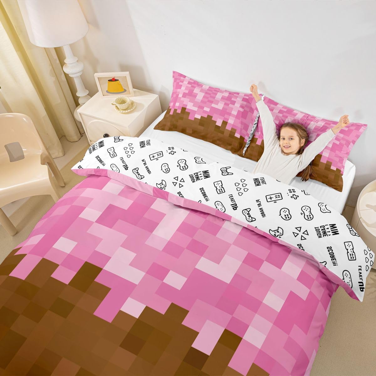 Manfei Pixelated Miners Game Duvet Cover Set Full Size,Video Games Gamepad Gaming Kids Bedding Set,Modern Geometric Square Room Decor,Pink Brown Quilt Cover,2 Pillowcases(No Comforter)