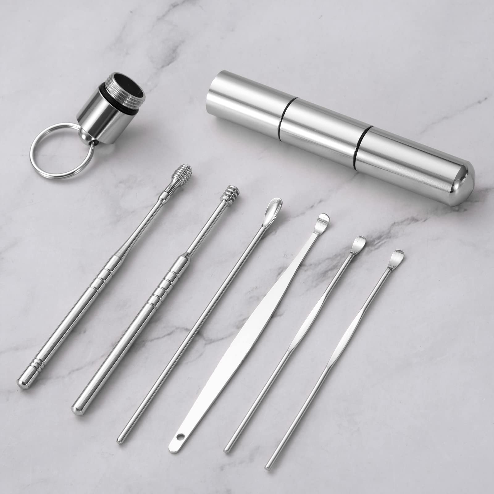 Cucchiaio per Orecchie Kit di Rimozione del Cerume Pulisci Orecchie in Acciaio Inossidabile con Scatola Portatile Argento 6 Pezzi