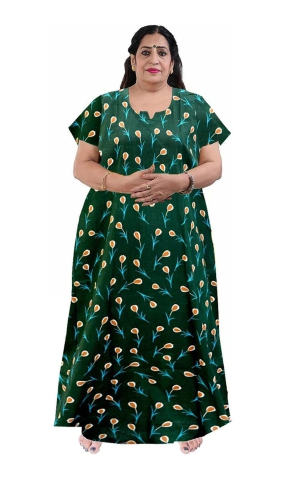 SSK Enterprises Women Nighty, Dark Green, Floral Print, Short Sleeve, Full Length Maxi Dress-picture-29