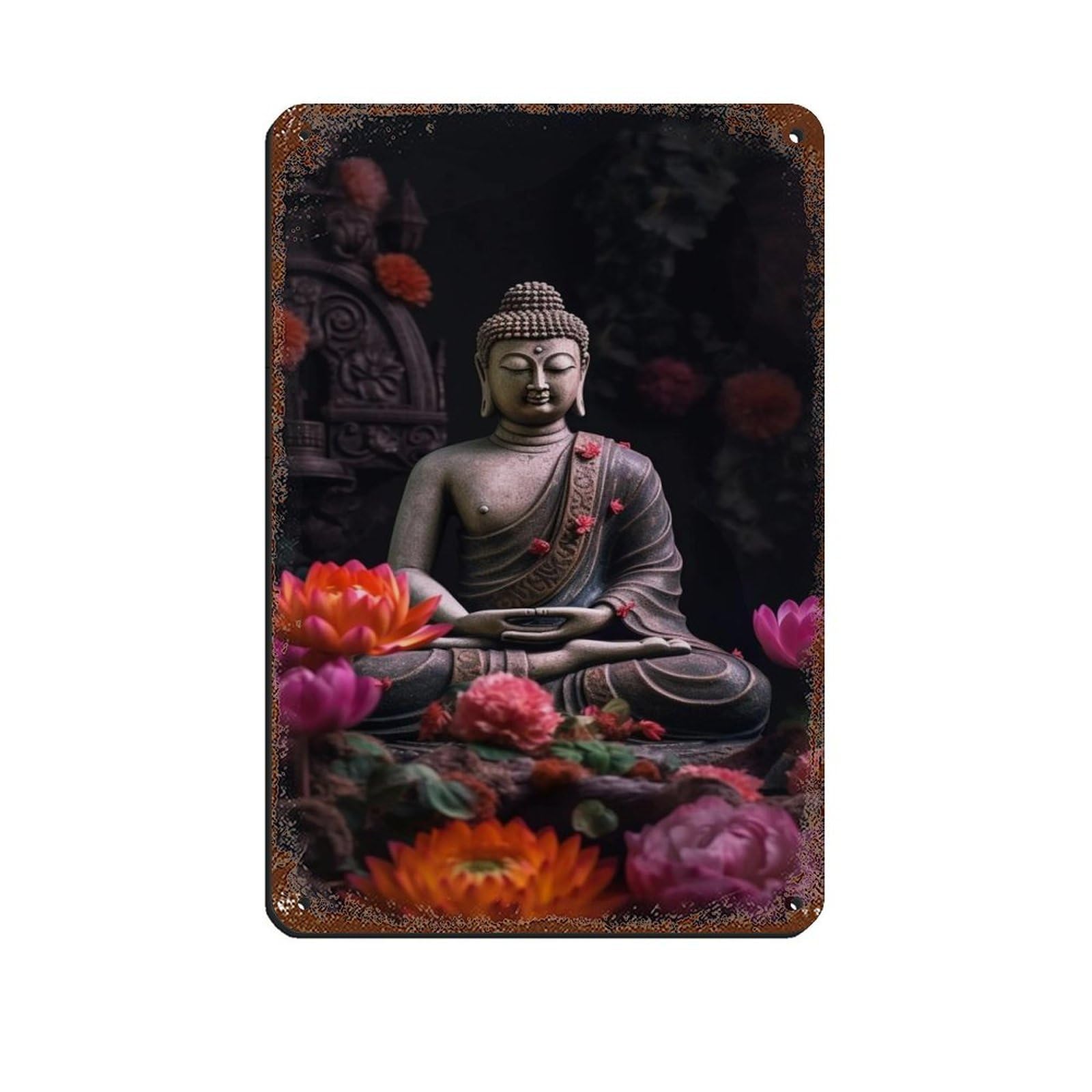 Serene Buddha Surrounded by Vibrant Flowers – Zen Retro Poster Metal Tin Sign Chic Art Retro Iron Painting Bar People Cave Cafe Family Garage Poster Wall Decoration 8x12inch(20x30cm)